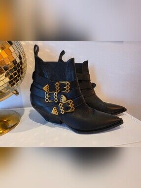 Ras Black Women's Ankle Boots with Gold Buckle Accents